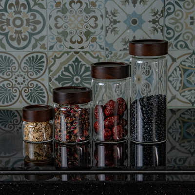 Hũ thủy tinh Borosilicate tròn nắp gỗ lõm vặn