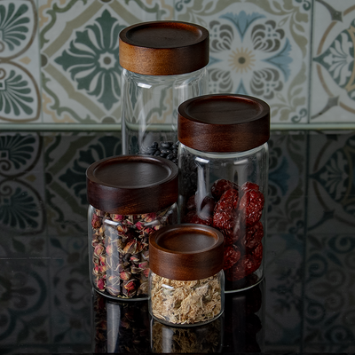Hũ thủy tinh Borosilicate tròn nắp gỗ lõm vặn