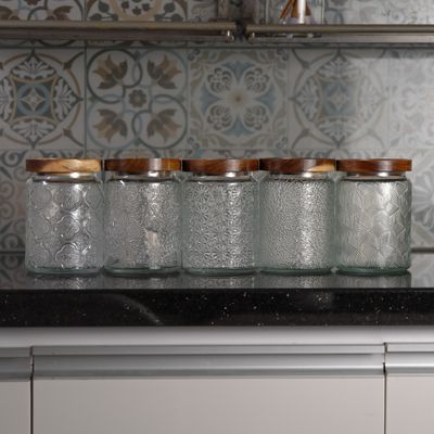 Hũ thủy tinh tròn Vintage nắp gỗ nhấn kín họa tiết nổi 