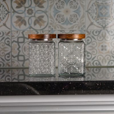Hũ thủy tinh tròn Vintage nắp gỗ nhấn kín họa tiết nổi 