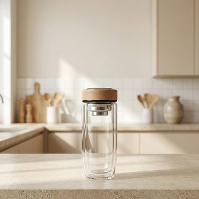 Bình giữ nhiệt Thủy Tinh Hai Lớp Kèm Lõi Lọc Ngắn, Nắp Inox Phối Da Đựng Thức Uống - 500ml [ BGN004 ]