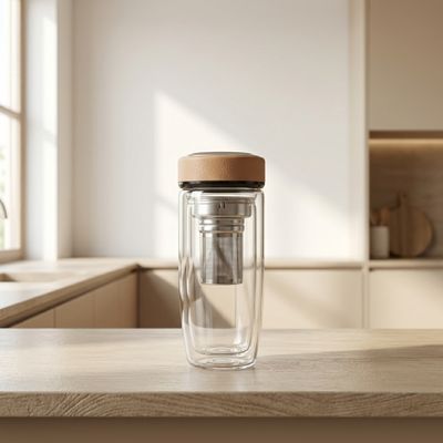 Bình giữ nhiệt Thủy Tinh Hai Lớp Kèm Lõi Lọc Dài, Nắp Inox Phối Da Đựng Thức Uống - 500ml [ BGN005 ]