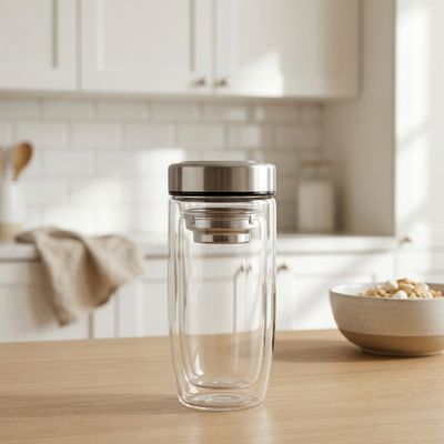 Bình giữ nhiệt Thủy Tinh Hai Lớp Kèm Lõi Lọc Ngắn, Nắp Inox Đựng Thức Uống - 400ml [ BGN006 ]