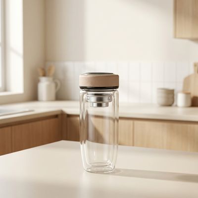 Bình giữ nhiệt Thủy Tinh Hai Lớp Nắp Inox Da Màu Nâu Đựng Thức Uống - 400ml [ BGN008 ]