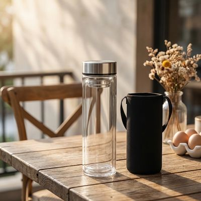 Bình giữ nhiệt Thủy Tinh Hai Lớp Nắp Inox Đựng Thức Uống Tặng Kèm Túi Xách - 650ml