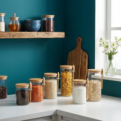 Combo 4 Hũ Borosilicate Tròn Nắp Tre Nhấn Kèm Muỗng Tre Đựng Gia Vị, Hạt Khô - Nhiều Dung Tích [HTT005]