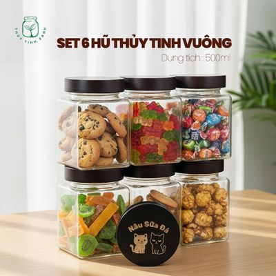Combo 6 Hũ Thủy Tinh Vuông - Tròn - Lục Giác Đựng Gia Vị - Gửi Mẫu Thiết Kế Khắc Miễn Phí Theo Yêu Cầu