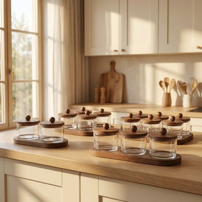 Set Hũ Thủy Tinh Tròn Nắp Gỗ Kèm Khay Đựng Gia Vị, Hạt Khô [SHTT003]