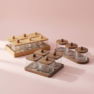 Set Hũ Thủy Tinh Vuông Nắp Gỗ Tối Kèm Khay Đựng Gia Vị, Hạt Khô [SHTT002]