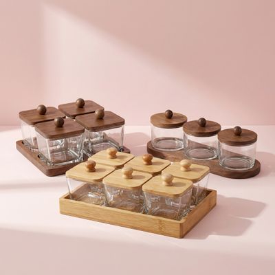 Set Hũ Thủy Tinh Vuông Nắp Gỗ Sáng Kèm Khay Đựng Gia Vị, Hạt Khô [SHTT001]