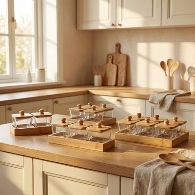 Set Hũ Thủy Tinh Vuông Nắp Gỗ Sáng Kèm Khay Đựng Gia Vị, Hạt Khô [SHTT001]