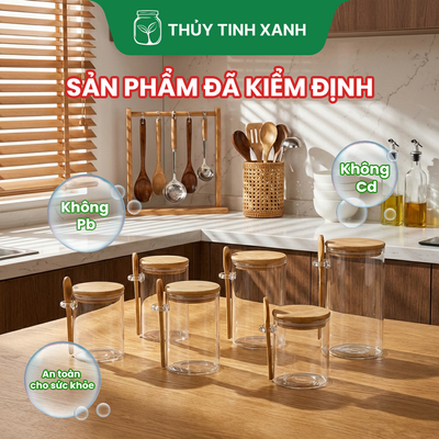Hũ Borosilicate Tròn Nắp Tre Nhấn Kèm Muỗng Tre Đựng Gia Vị, Hạt Khô - Nhiều Dung Tích [HTT005]