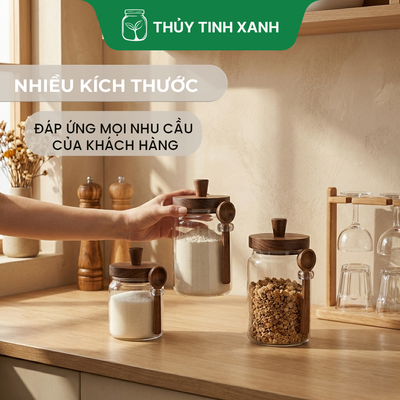 Hũ Borosilicate Tròn Nắp Gỗ Nhấn Kèm Muỗng Gỗ Đựng Gia Vị, Hạt Khô - Nhiều Dung Tích [HTT006]
