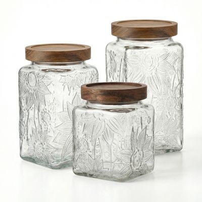 Hũ thủy tinh vuông Vintage nắp gỗ nhấn kín họa tiết nổi 