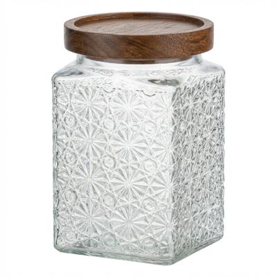 Hũ thủy tinh vuông Vintage nắp gỗ nhấn kín họa tiết nổi 